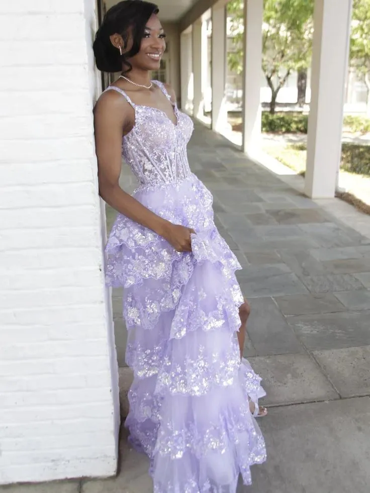 Lilac Sequin Lace Ruffles Prom Dress Split Evening Gown     fg5109