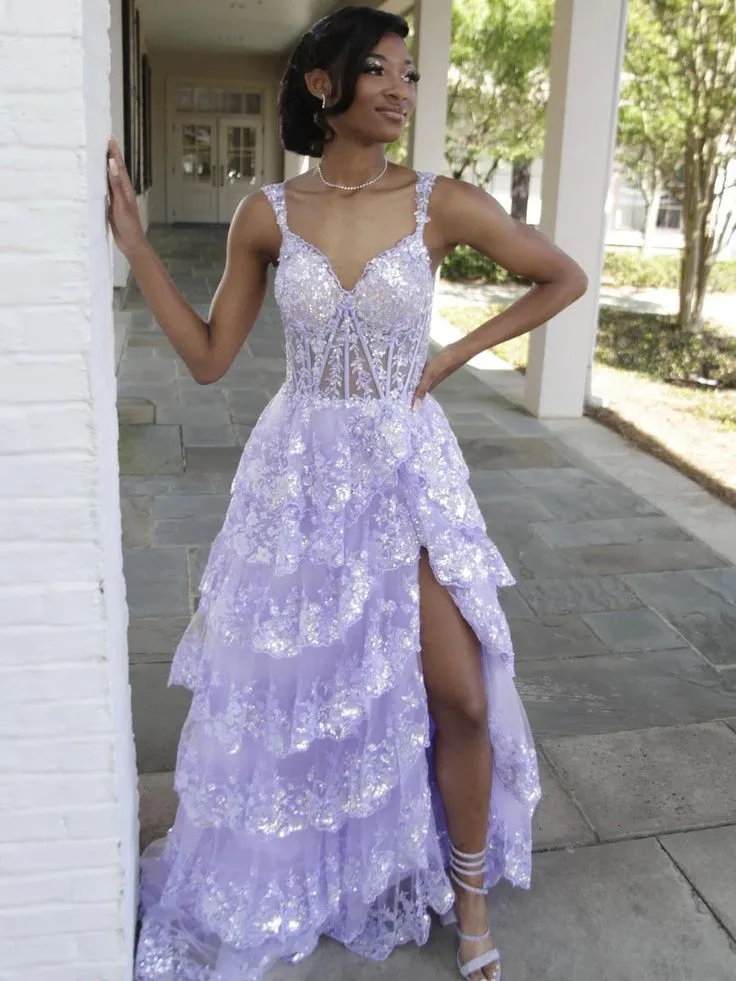 Lilac Sequin Lace Ruffles Prom Dress Split Evening Gown     fg5109