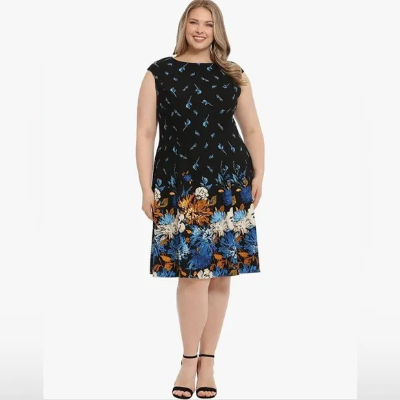 London Times Cap Sleeve Navy Blue Floral Knee Length Fit and Flare Dress NEW 22W