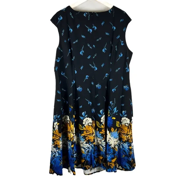 London Times Cap Sleeve Navy Blue Floral Knee Length Fit and Flare Dress NEW 22W