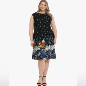 London Times Cap Sleeve Navy Blue Floral Knee Length Fit and Flare Dress NEW 22W
