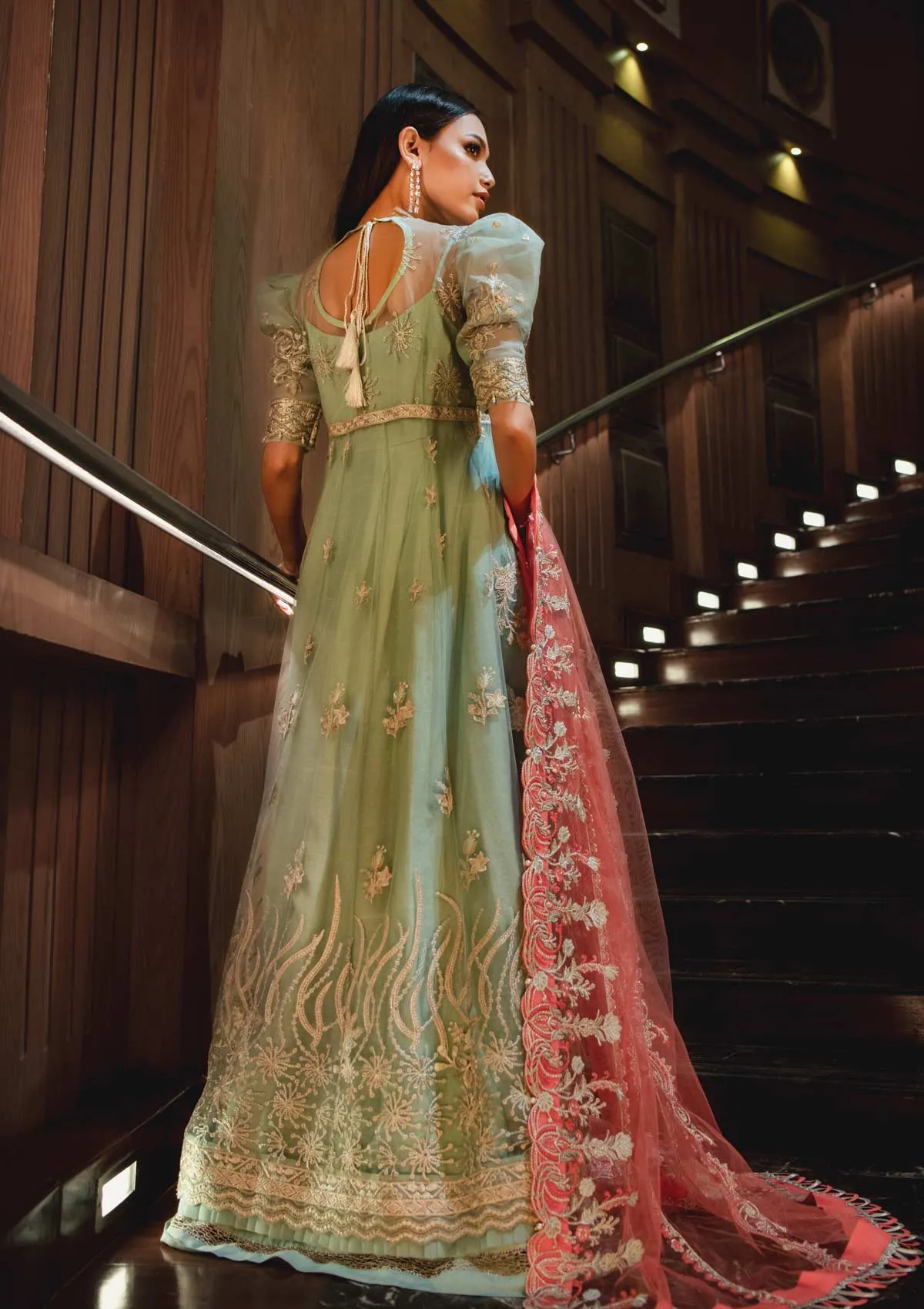 Long Frock Dress Pakistani in Pastel Green Shade #PF362