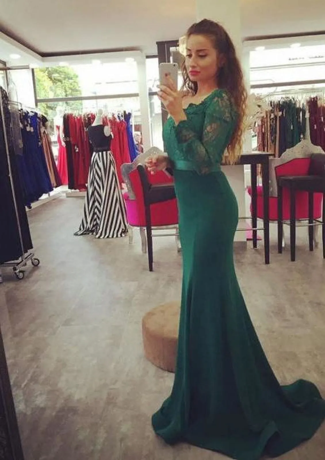 Long Sleeve Off Shoulder Green Lace Satin Fishtail Evening Gown