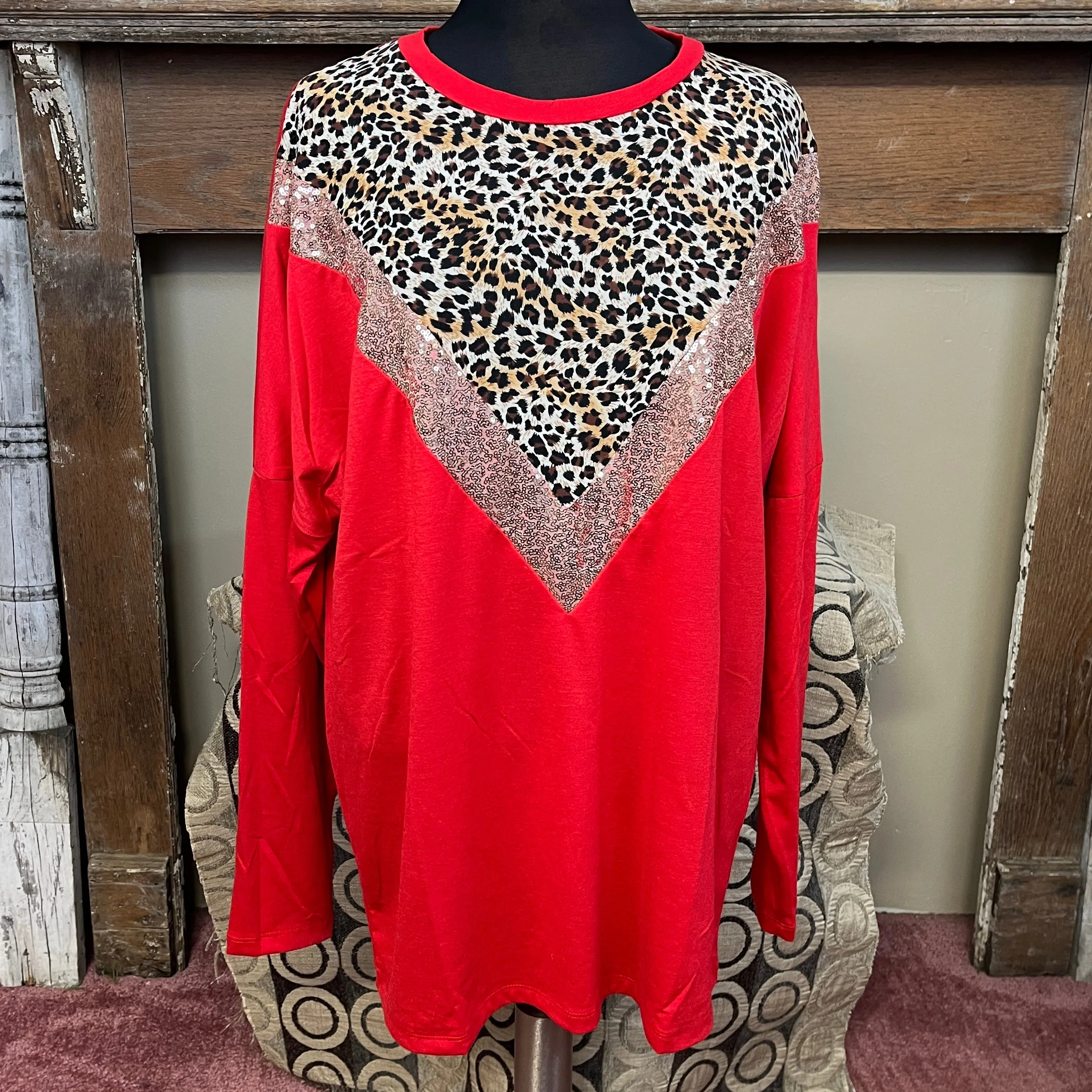Long Sleeve Sequin and Animal Print Red Top