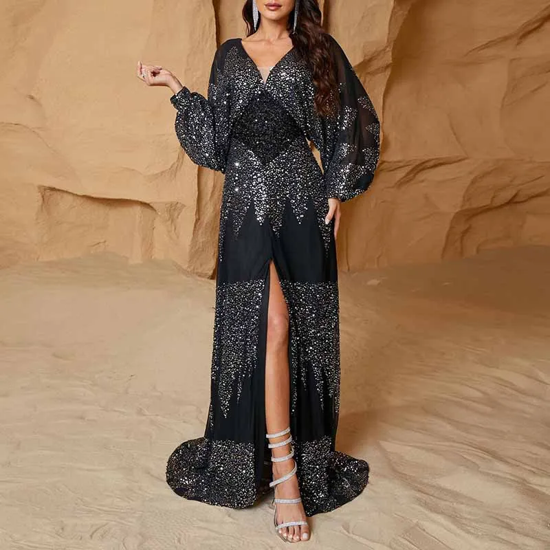 Long Sleeve Sequined V Neck Maxi Dress Black Formal Prom Dress