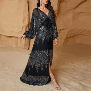 Long Sleeve Sequined V Neck Maxi Dress Black Formal Prom Dress