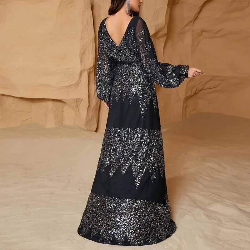 Long Sleeve Sequined V Neck Maxi Dress Black Formal Prom Dress