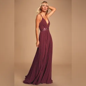 Lulus Loving You Forever Burgundy Sequin Lace Pleated Maxi Dress