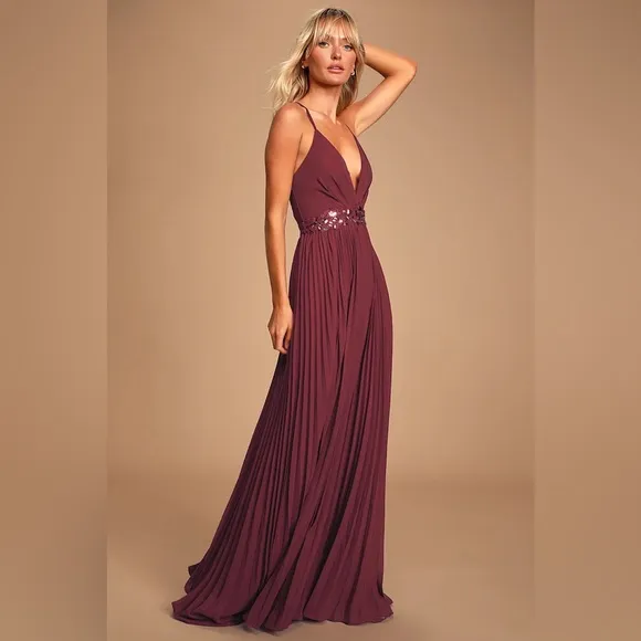 Lulus Loving You Forever Burgundy Sequin Lace Pleated Maxi Dress