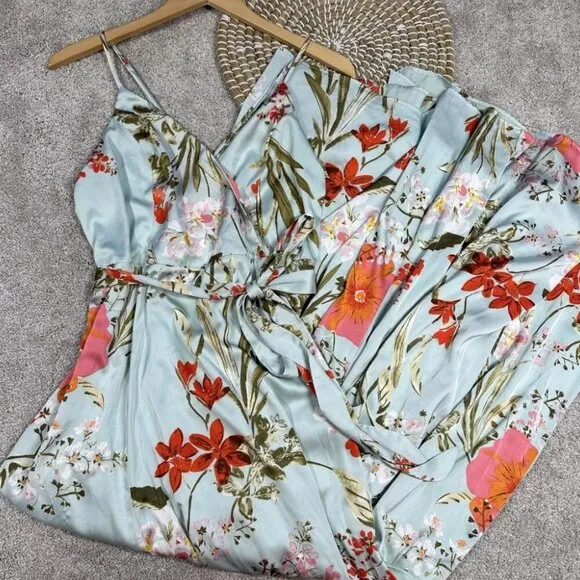 Lulu’s Still the One Sage Teal Floral Print Satin Maxi Dress Size M Womens Gown