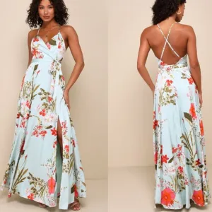 Lulu’s Still the One Sage Teal Floral Print Satin Maxi Dress Size M Womens Gown