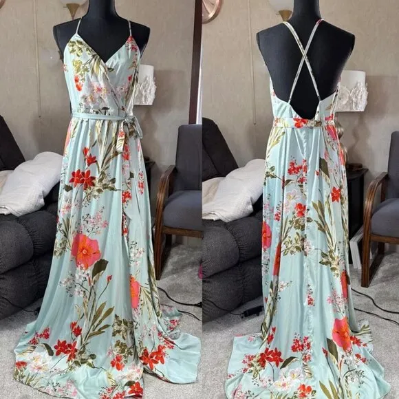 Lulu’s Still the One Sage Teal Floral Print Satin Maxi Dress Size M Womens Gown
