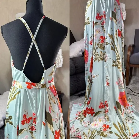 Lulu’s Still the One Sage Teal Floral Print Satin Maxi Dress Size M Womens Gown