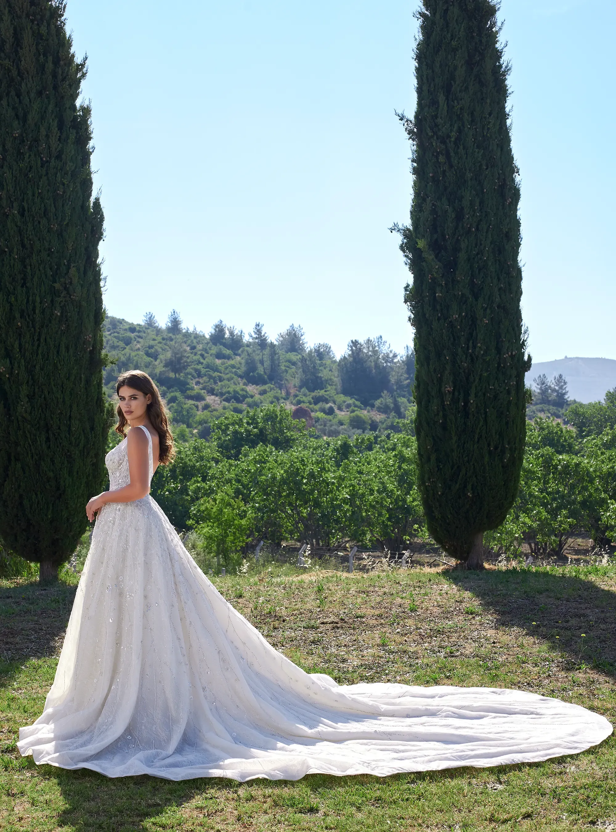 Luxury Shinny Floral Bridal Gown Embroidered Veil with Scoop Neckline