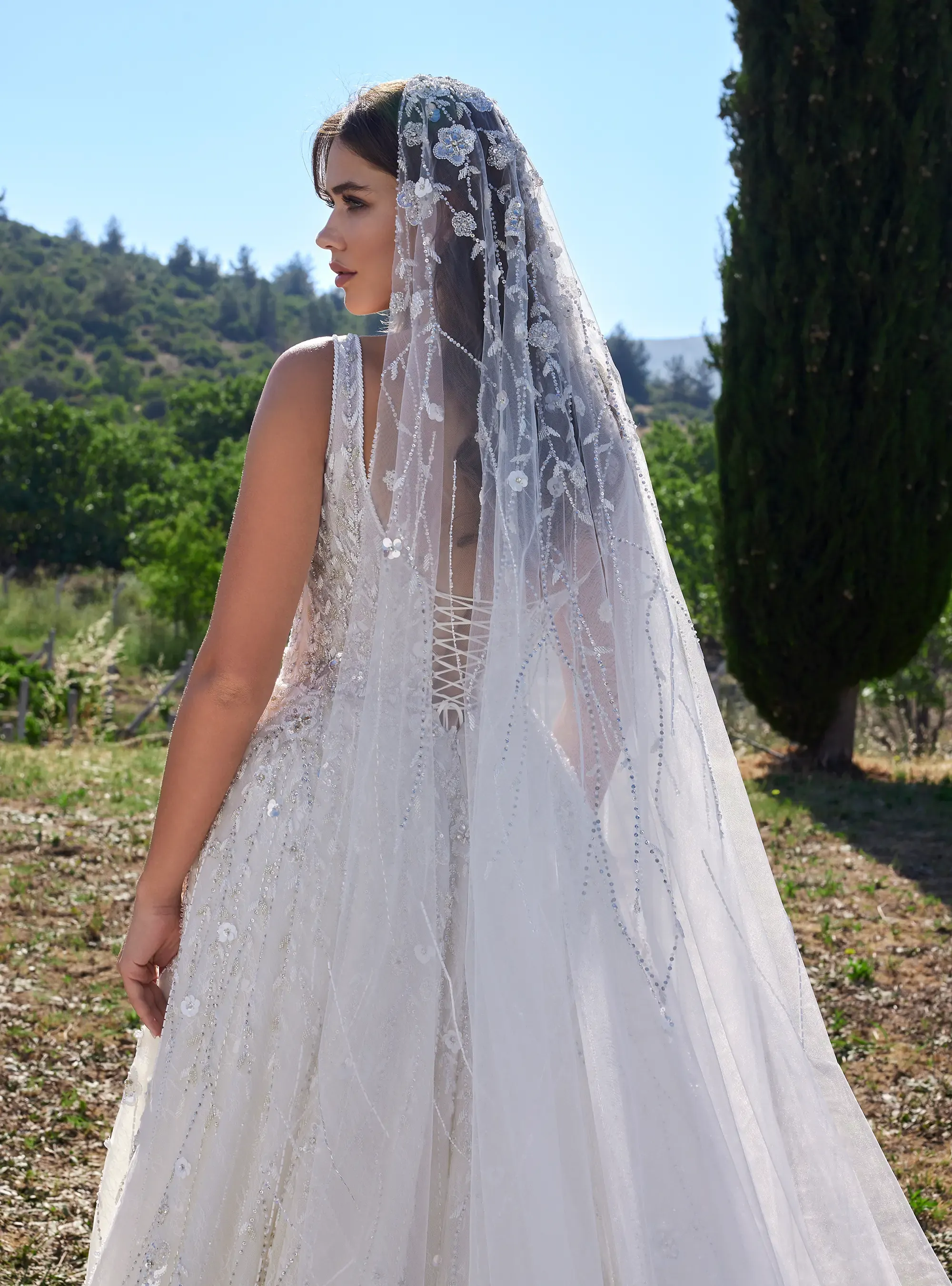 Luxury Shinny Floral Bridal Gown Embroidered Veil with Scoop Neckline