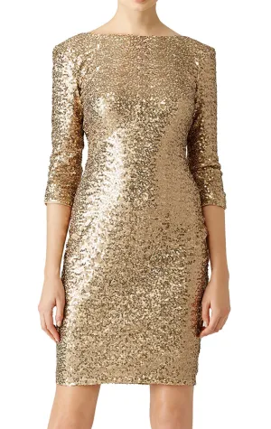 MACloth 3/4 Sleeves Sequin Cocktail Dress Gold Short Mother of the Brides Dress