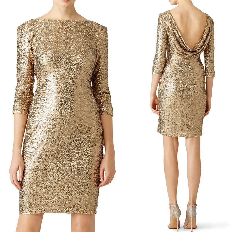MACloth 3/4 Sleeves Sequin Cocktail Dress Gold Short Mother of the Brides Dress
