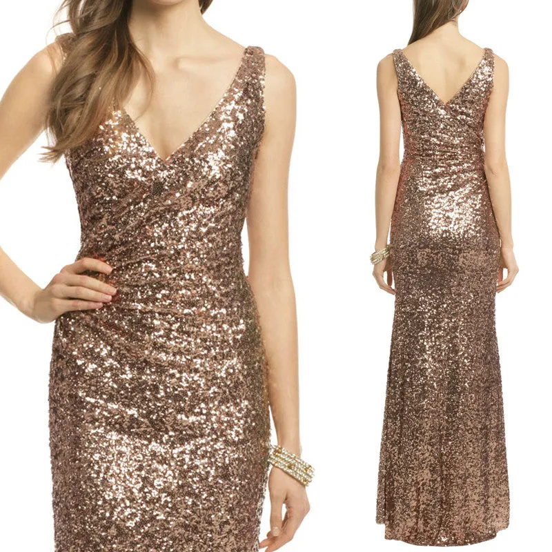 MACloth Mermaid Straps V Neck Sequin Evening Gown Brown Bridesmaid Dress