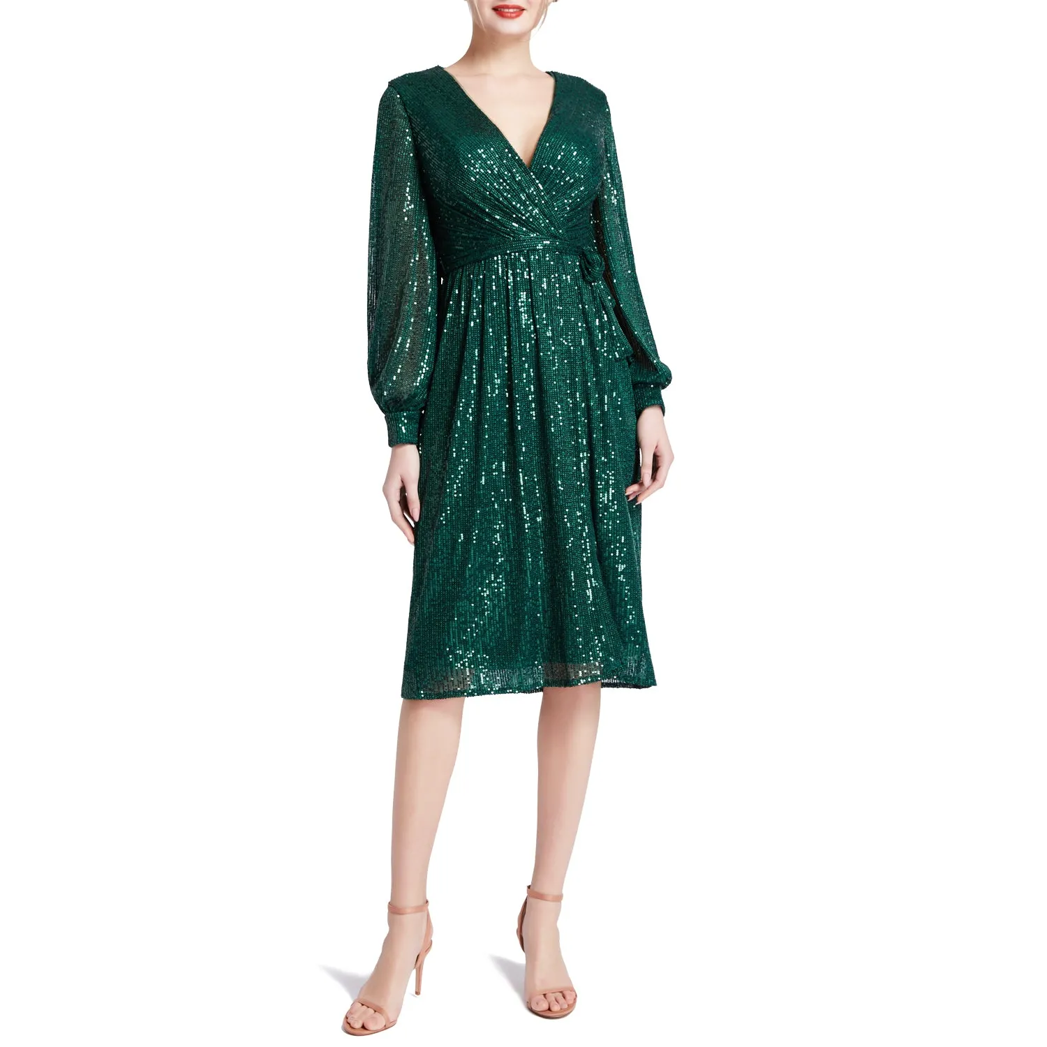 MACloth Women V Neck Long Sleeve Short Wrap Sequin Wedding Guest Cocktail Dress