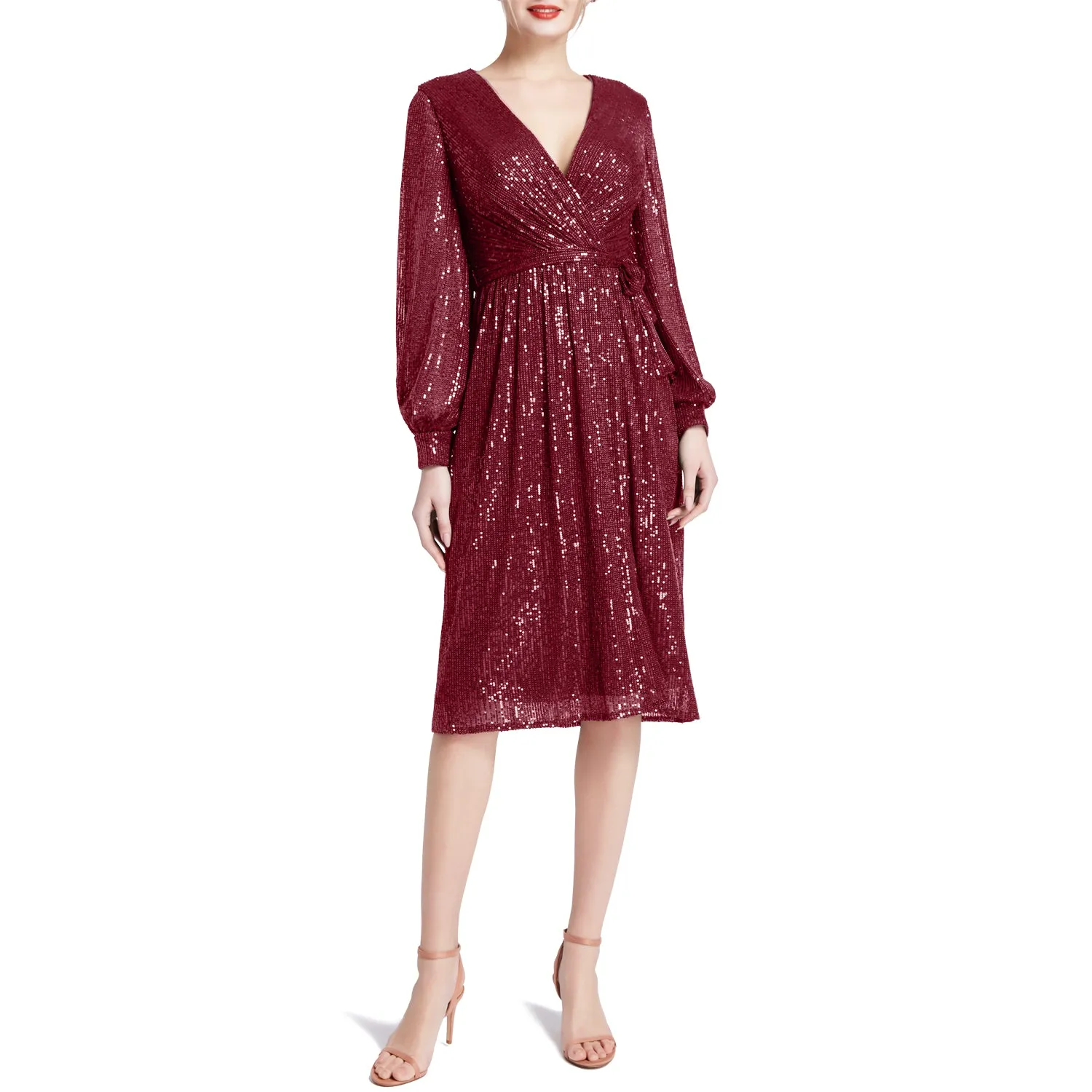 MACloth Women V Neck Long Sleeve Short Wrap Sequin Wedding Guest Cocktail Dress
