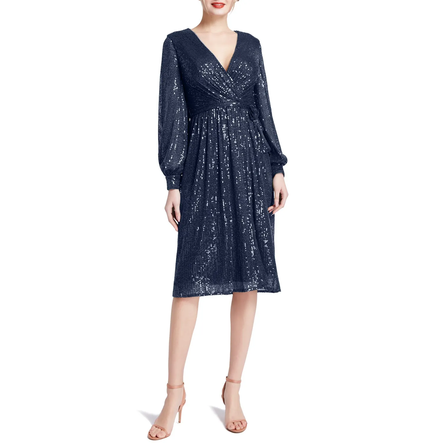 MACloth Women V Neck Long Sleeve Short Wrap Sequin Wedding Guest Cocktail Dress