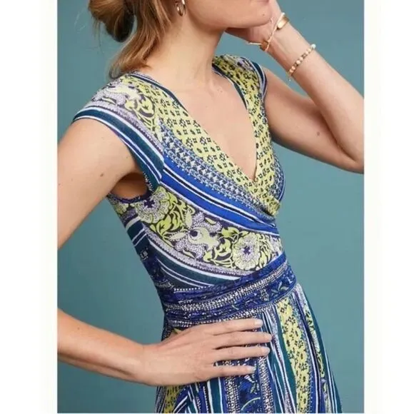 Maeve Anthropologie Tamara Surplice Dress – Blue &amp; Yellow Print – Size MP
