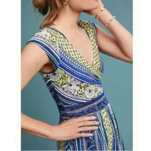 Maeve Anthropologie Tamara Surplice Dress – Blue &amp; Yellow Print – Size MP