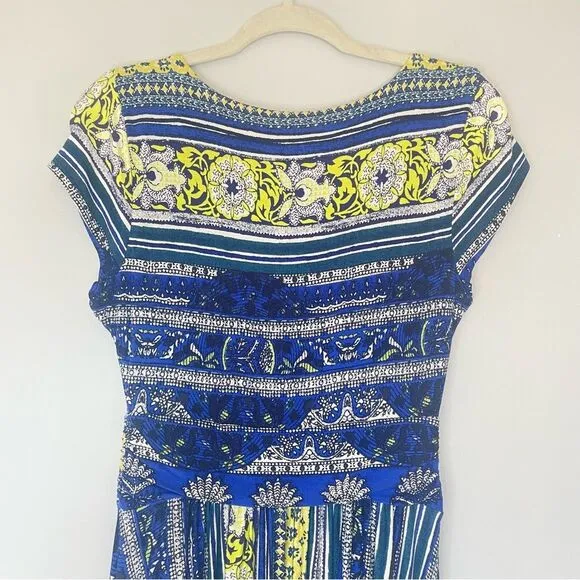 Maeve Anthropologie Tamara Surplice Dress – Blue &amp; Yellow Print – Size MP