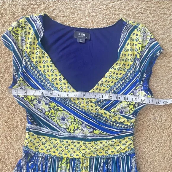 Maeve Anthropologie Tamara Surplice Dress – Blue &amp; Yellow Print – Size MP