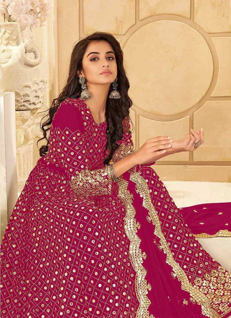 Magenta And Gold Mirror Embroidered Kalidar Gown Style Anarkali