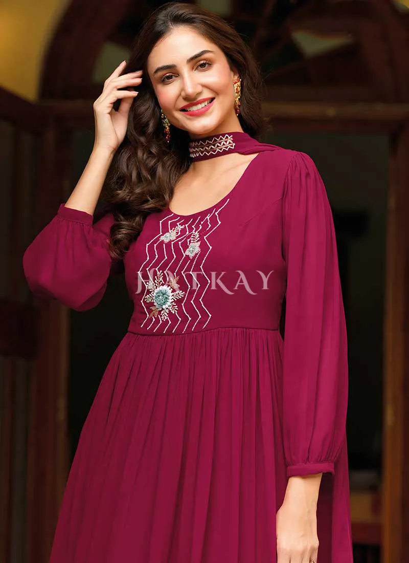 Magenta Embroidered Georgette Anarkali Gown