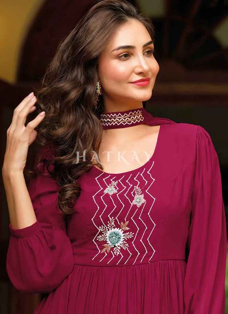 Magenta Embroidered Georgette Anarkali Gown