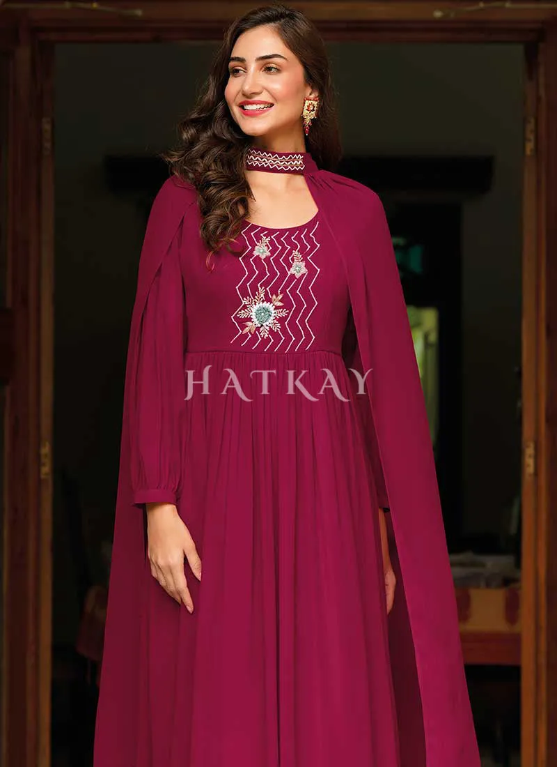Magenta Embroidered Georgette Anarkali Gown