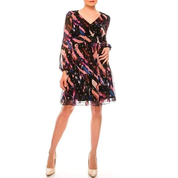 Maggy London Size 14 Navy Gold V-Neck Empire Short Dress Long Sleeve A-Line NEW