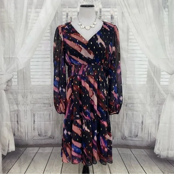 Maggy London Size 14 Navy Gold V-Neck Empire Short Dress Long Sleeve A-Line NEW