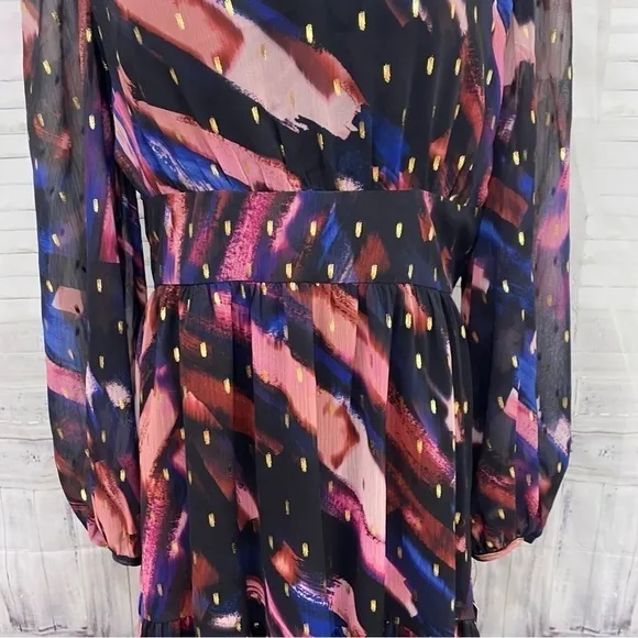 Maggy London Size 14 Navy Gold V-Neck Empire Short Dress Long Sleeve A-Line NEW