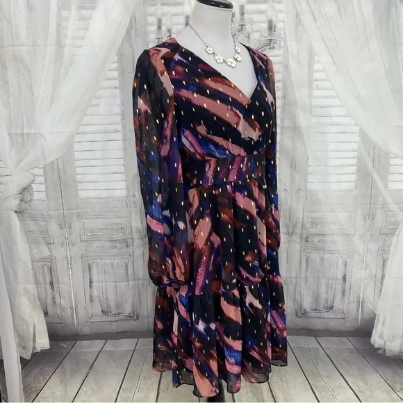 Maggy London Size 14 Navy Gold V-Neck Empire Short Dress Long Sleeve A-Line NEW
