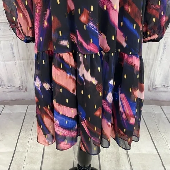 Maggy London Size 14 Navy Gold V-Neck Empire Short Dress Long Sleeve A-Line NEW