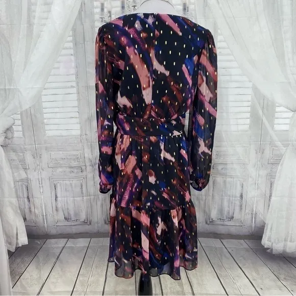 Maggy London Size 14 Navy Gold V-Neck Empire Short Dress Long Sleeve A-Line NEW