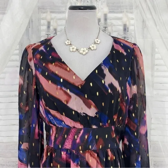 Maggy London Size 14 Navy Gold V-Neck Empire Short Dress Long Sleeve A-Line NEW