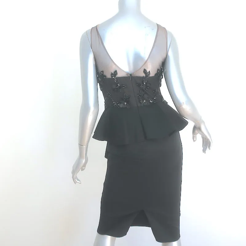 Marchesa Notte Floral Beaded Peplum Dress Black Ruffled Crepe Size 0 NEW