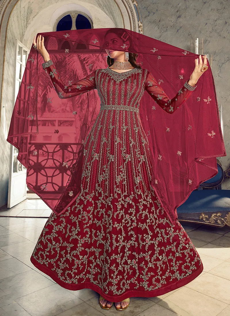Maroon Floral Heavy Embroidered Gown Style Anarkali