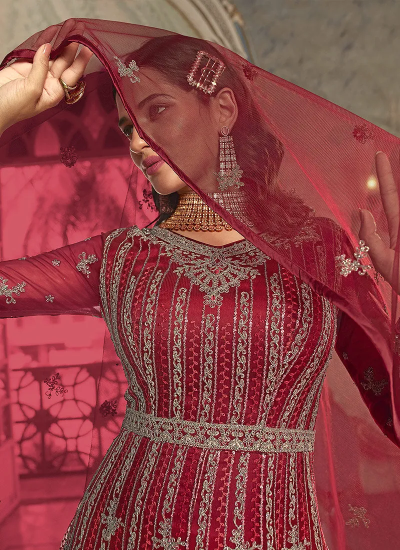 Maroon Floral Heavy Embroidered Gown Style Anarkali