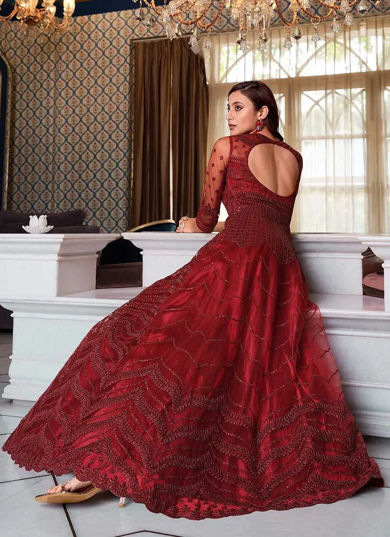 Maroon Heavy Embroidered Gown Style Anarkali
