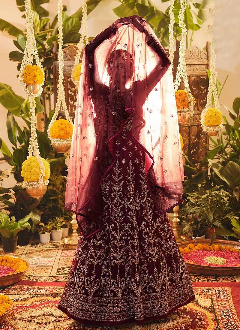 Maroon Heavy Embroidered Kalidar Anarkali Suit