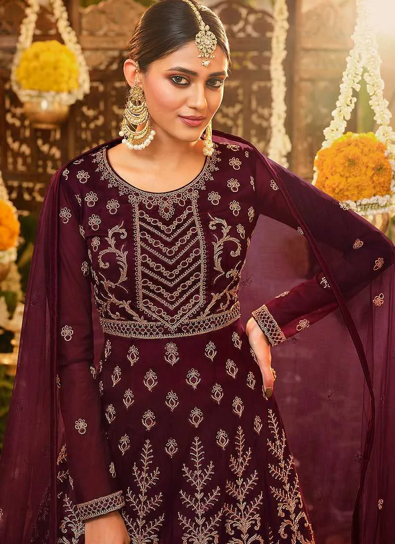 Maroon Heavy Embroidered Kalidar Anarkali Suit