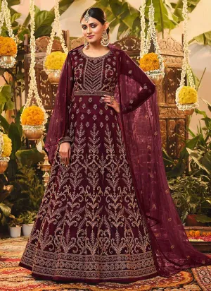 Maroon Heavy Embroidered Kalidar Anarkali Suit