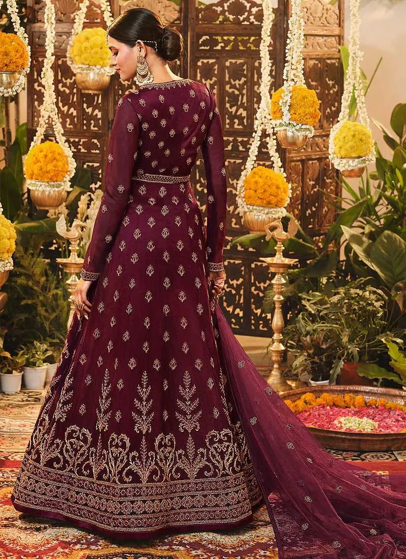 Maroon Heavy Embroidered Kalidar Anarkali Suit