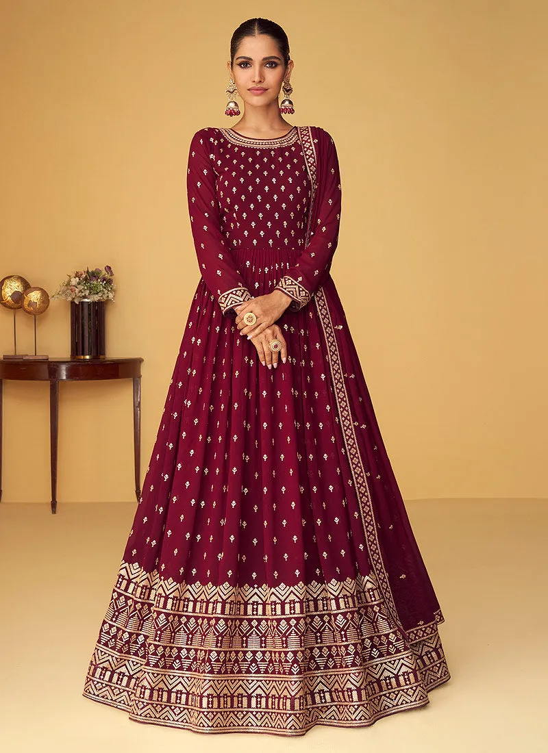 Maroon Heavy Embroidered Kalidar Anarkali