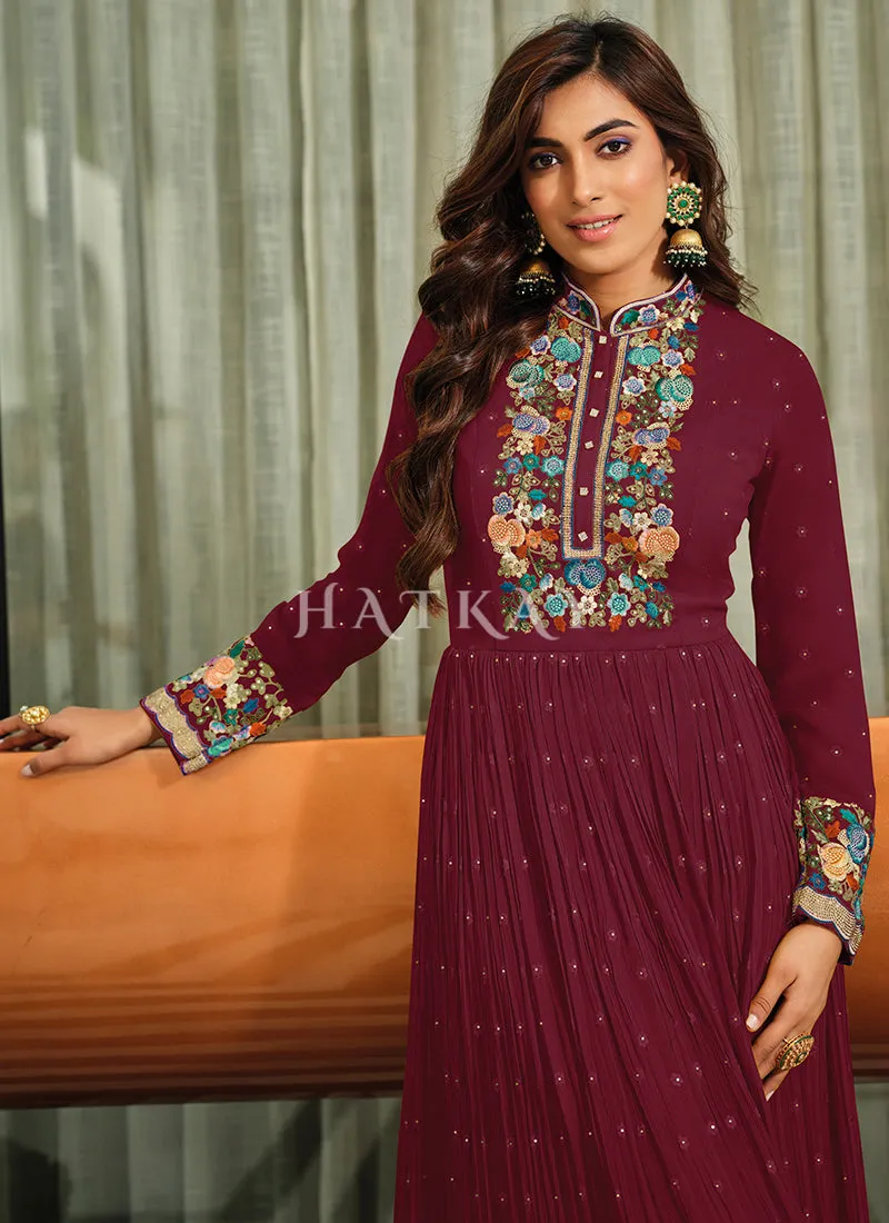 Maroon Multi Embroidered Georgette Anarkali Gown